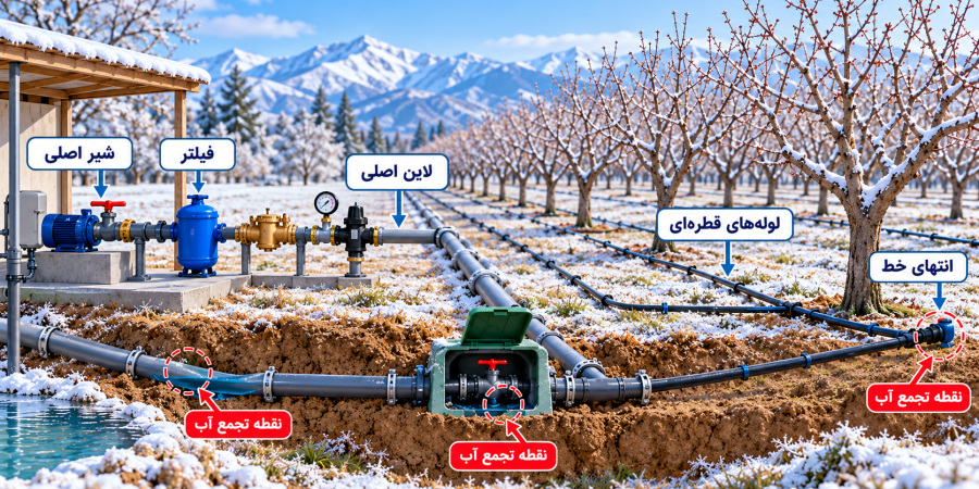 نمای آموزشی تخلیه زمستانی آبیاری با تأکید بر نقشه نقاط تجمع آب